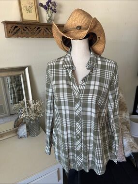 Talbots Vtg green white plaid button down western classic shirt S oversized